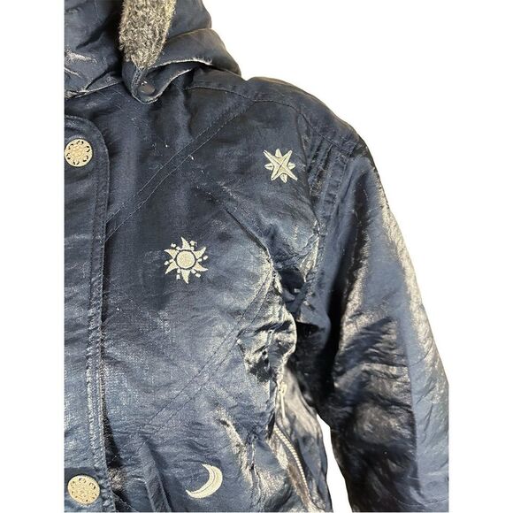 Vintage Celestial Puffer Jacket | Navy Blue Faux Fur Hood – Y2K Moon & Sun - Picture 9 of 12